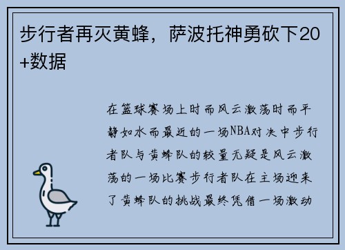 步行者再灭黄蜂，萨波托神勇砍下20+数据